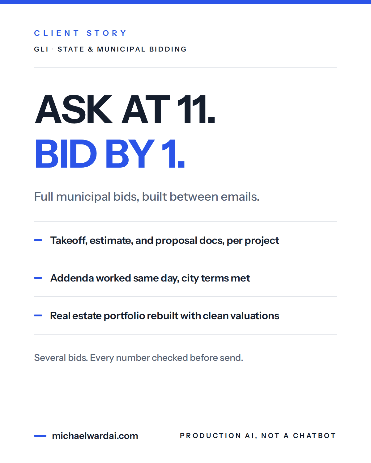 Client story card: GLI, state and municipal bidding. Ask at 11, bid by 1.